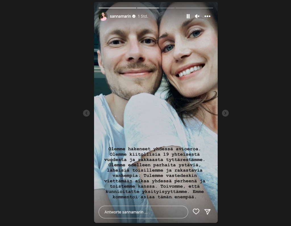 Sanna Marin und Markus Räikkönen gaben das Liebes-Aus in ihren Stories auf Instagram bekannt.