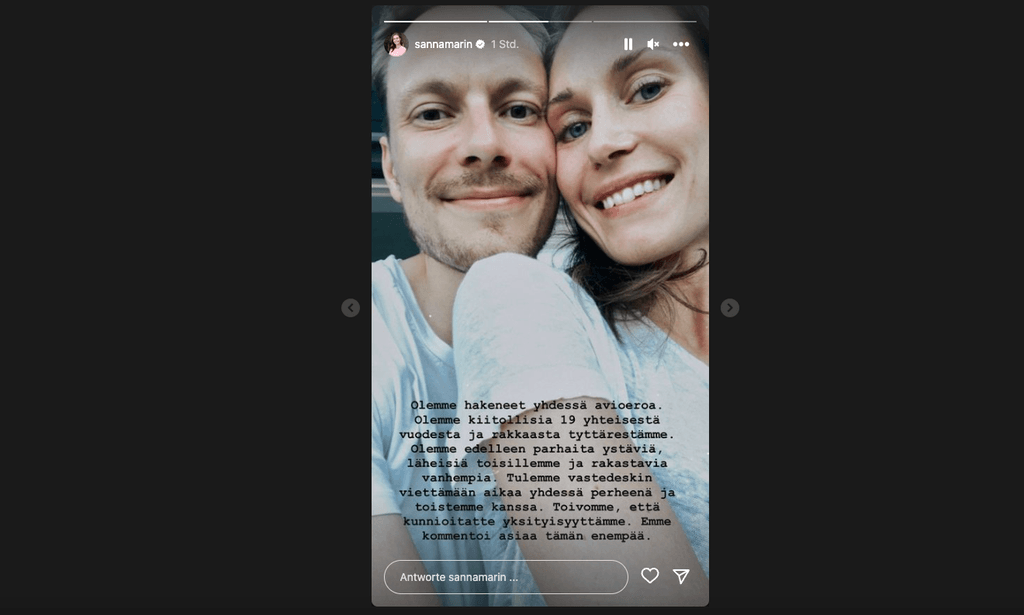 Sanna Marin und Markus Räikkönen gaben das Liebes-Aus in ihren Stories auf Instagram bekannt.