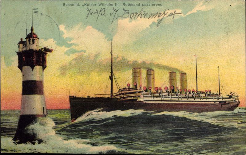 Auf dieser Postkarte von 1907 fährt das Dampfschiff „Kaiser Wilhelm II“ am Leuchtturm „Roter Sand“ vorbei.