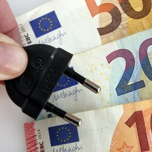 Symbolfoto Geldscheine und ein Stromstecker