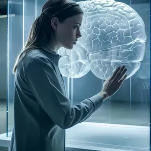 Junge Frau steht vor einem Glaskasten mit einem Modell eines menschlichen Gehirns