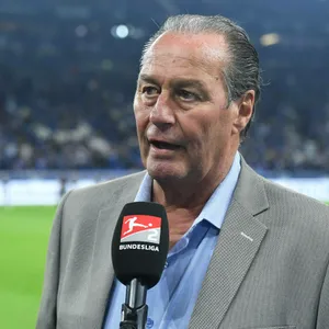 Huub Stevens an einem Mikrofon