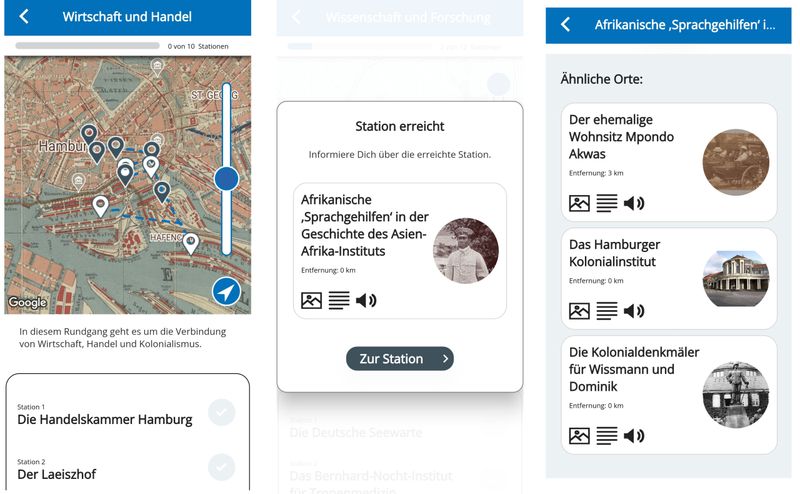 Die App der Uni zur Hamburger Kolonialgeschichte zeigt alte Stadtkarten und gibt Tipps über ähnliche Stationen.