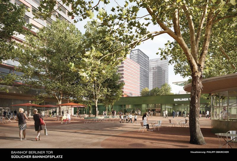 Auf dem zukünftigen südlichen Bahnhofsvorplatz am Berliner Tor sollen vor allem Bäume und Sitzgelegenheiten entstehen.