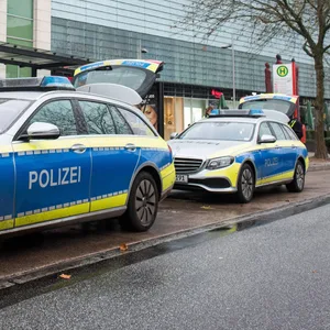 Zwei Streifenwagen der Polizei stehen vor dem Alstertal-Einkaufszentrum in Poppenbüttel. (Archivbild)