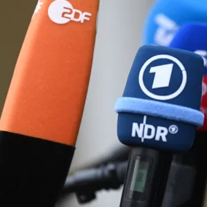 Mikrofone mit Logos von ZDF, ARD und Sky sind während einem Medientermin vor dem Mannschaftshotel der deutschen Handball-Nationalmannschaft zu sehen.