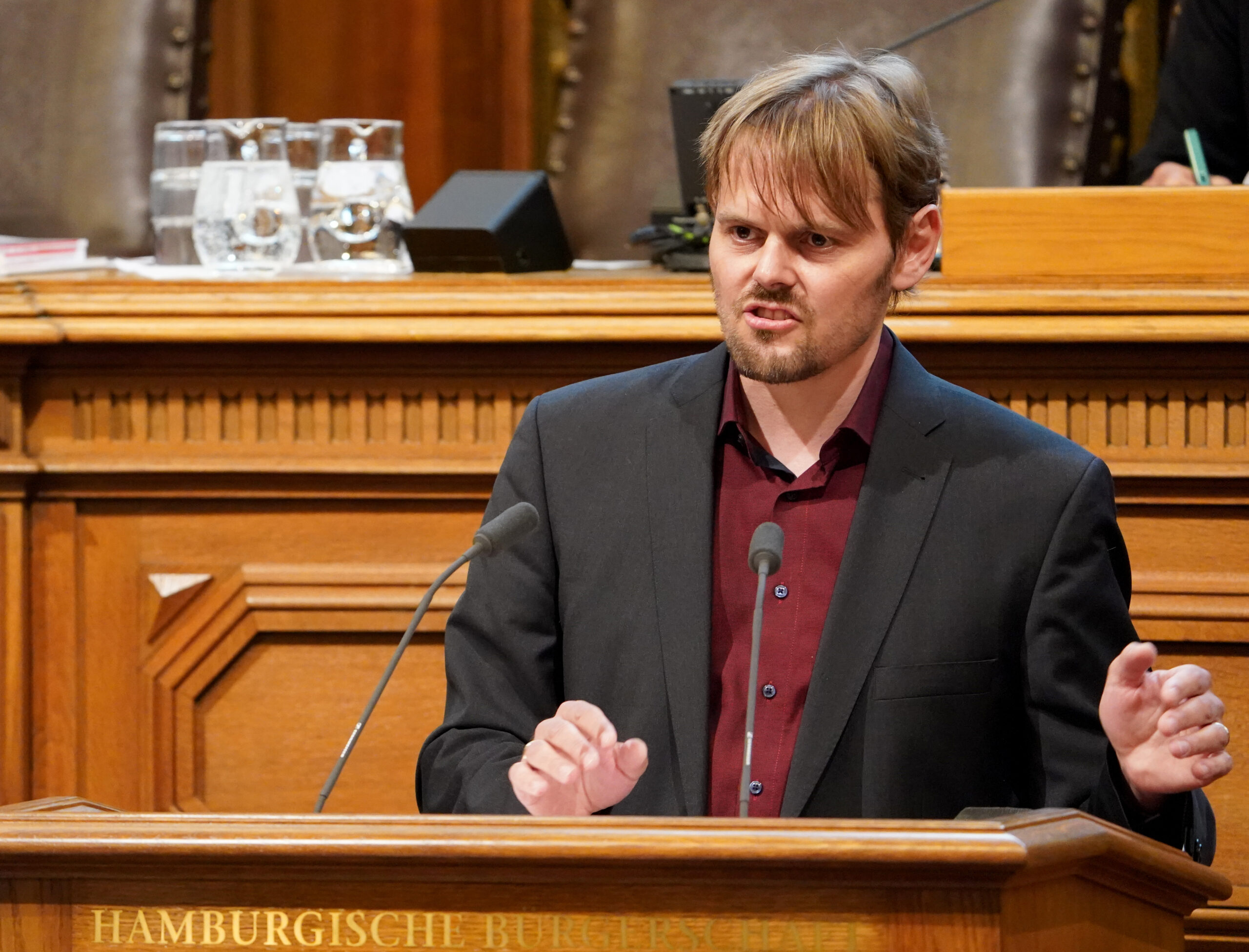 Michael Gwosdz (Bündnis 90/Die Grünen) spricht im Plenum während der Aktuellen Stunde in der Hamburgischen Bürgerschaft im Rathaus.