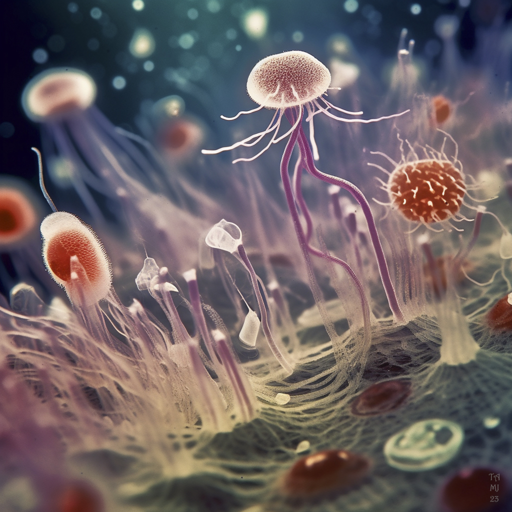 Künstlerische Darstellung einer Ansammlung ursprünglicher eukaryotischer Organismen der «Protosterol Biota», die eine mikrobielle Matte auf dem Meeresboden besiedeln.