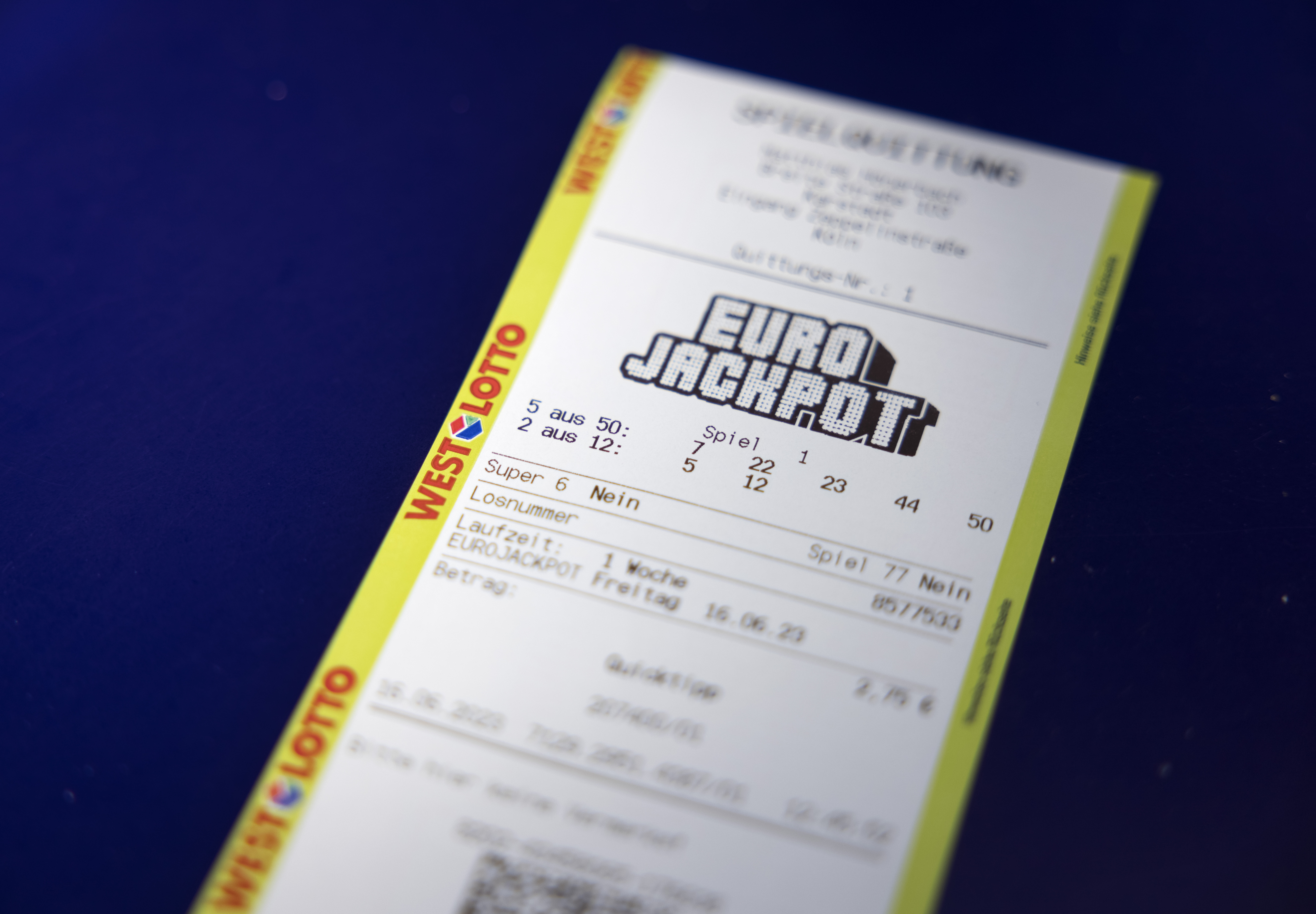 Eine Spielquittung für ein Eurojackpot-Los