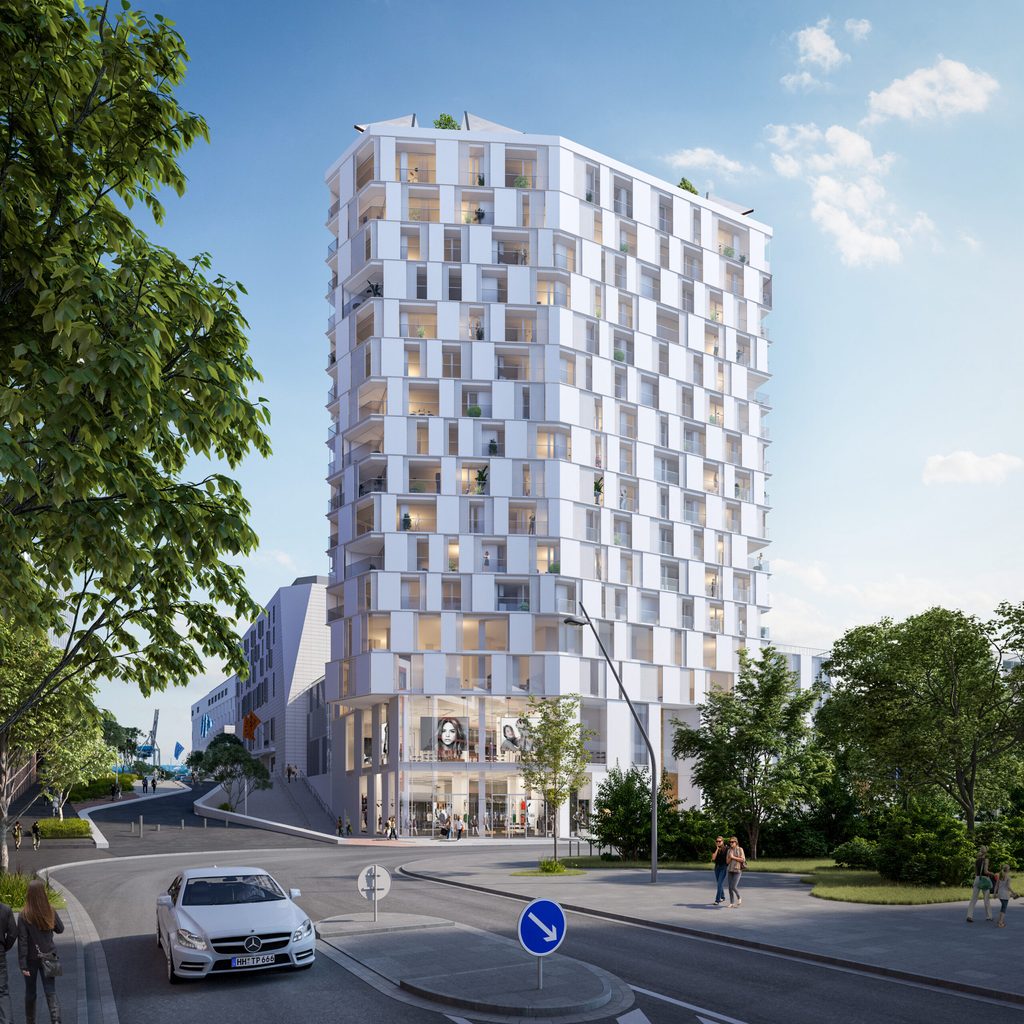 So soll der Wohnturm im Überseequartier einmal aussehen – hier sollen 86 Eigentumswohnungen entstehen.