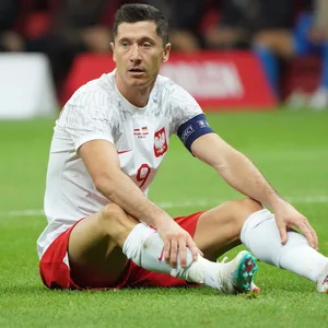 Robert Lewandowski sitzt auf dem Rasen.