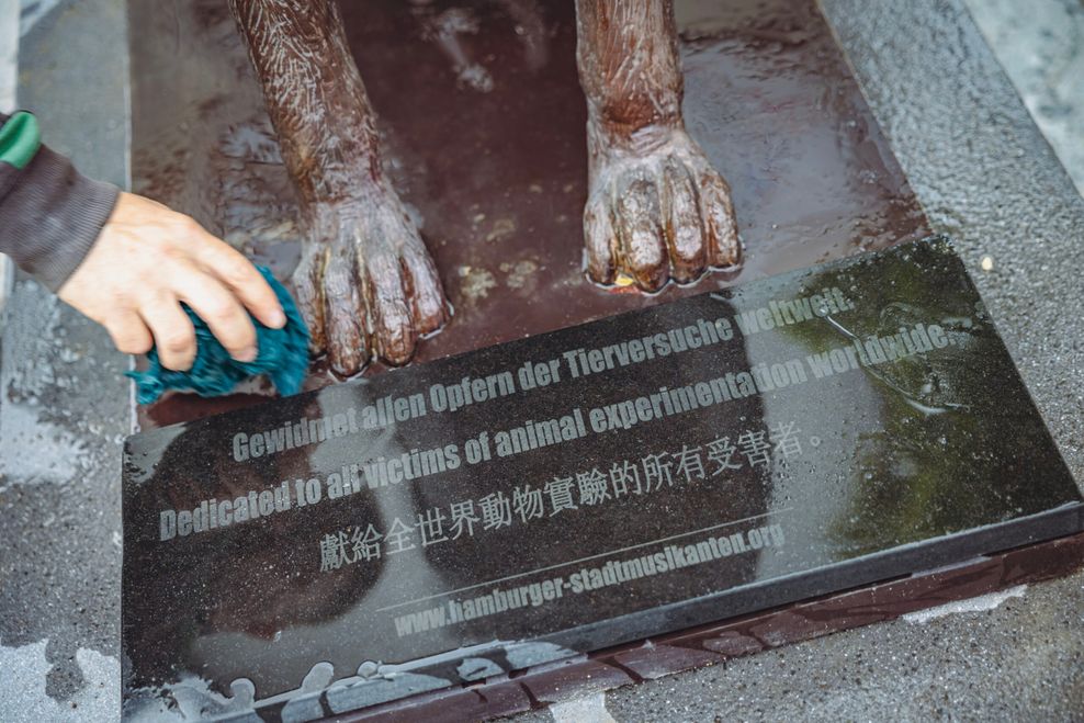 . Eine steinerne Gedenkplatte erklärt den Sinn des Kunstwerks: „Gewidmet allen Opfern der Tierversuche weltweit“, sogar chinesische Schriftzeichen sind eingraviert.