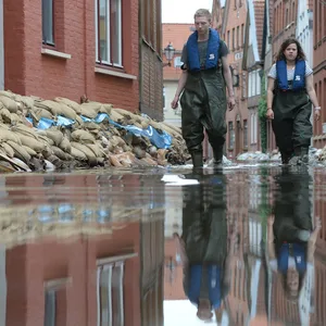 2013: Helfer gehen durch eine überflutete Straße in Lauenburg.