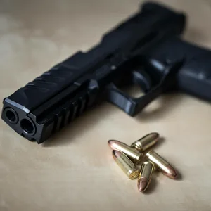 Ein Revolver, davor liegen Patronen