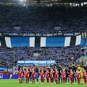 HSV-Fans halten in Düsseldorf einen großen Balkenschal hoch
