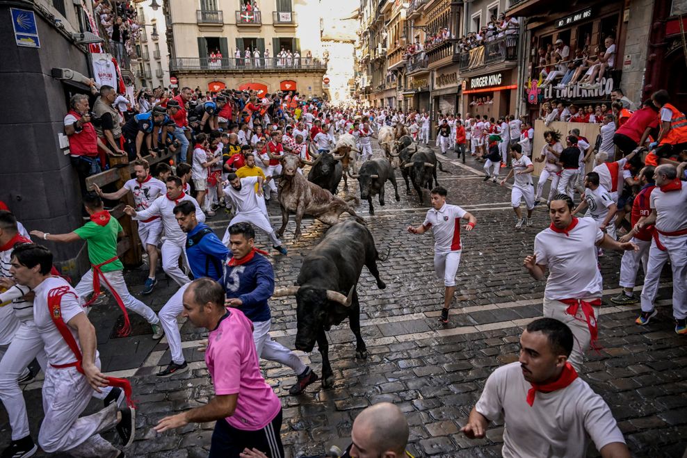 Die Kampfstiere von Jose Escolar Gil laufen am zweiten Tag des Stiertreibens während des „Sanfermines”-Festes zwischen den Feiernden umher.