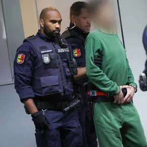 Angeklagter Ibrahim A. wird von Justiz-Beamten in Handschellen in den Gerichtssaal geführt
