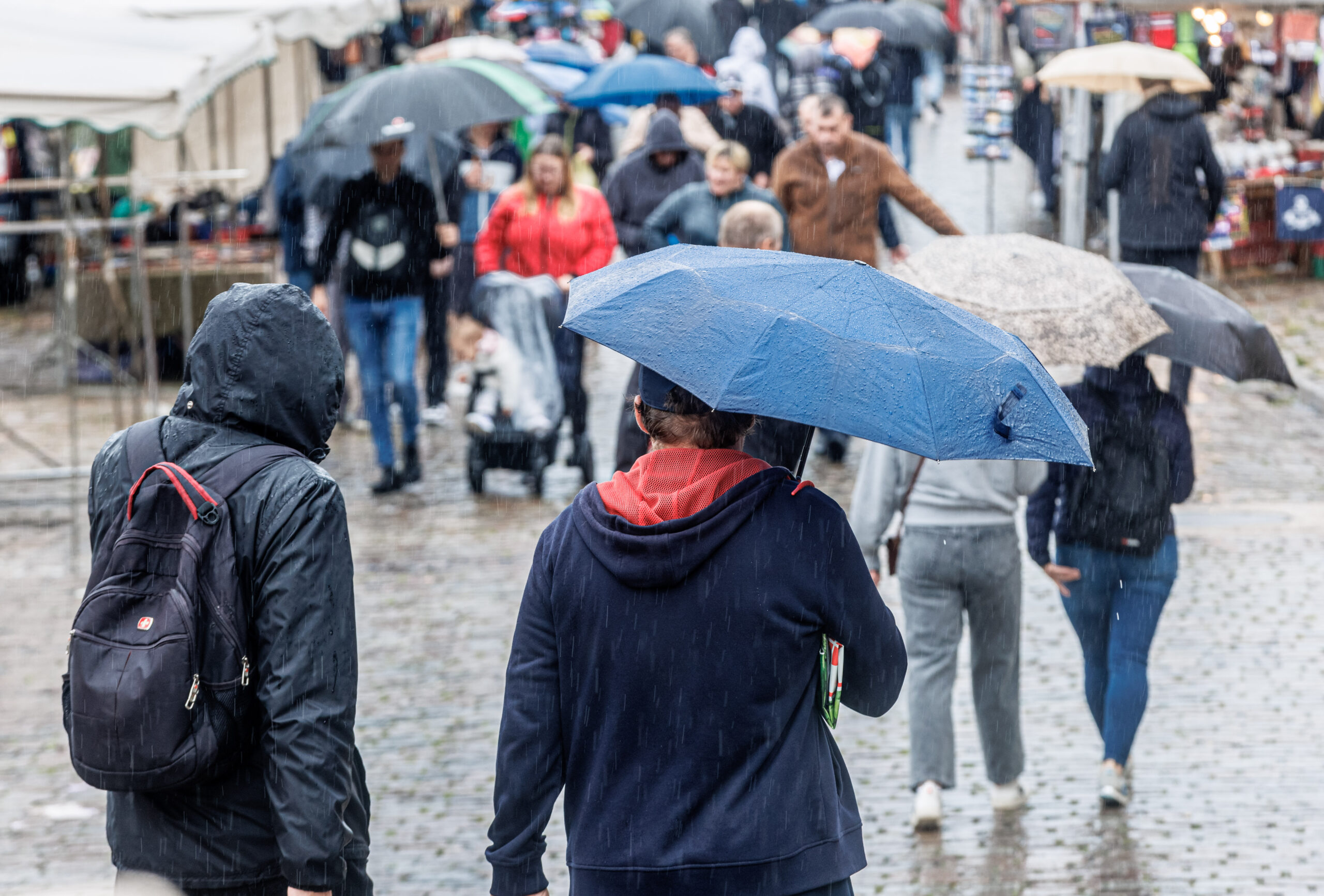Passanten mit Regenschirmen laufen über den Hamburger Fischmarkt