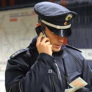 Ein Polizist überprüft Personalausweise.