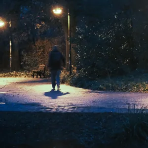 Ein Mann geht abends alleine durch einen Park.