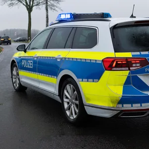 Ein Einsatzfahrzeug, Streifenwagen, der Polizei steht mit Blaulicht und dem Schriftzug an einer Unfallstelle auf einer Straße. (Symbolbild)