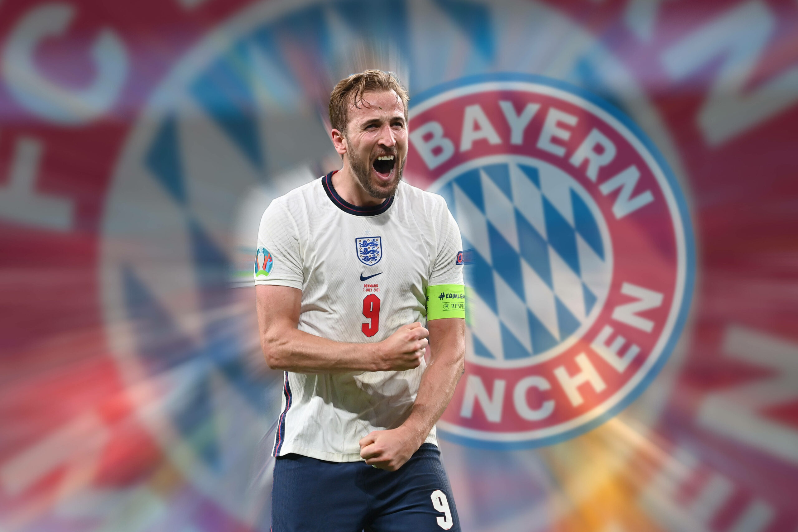 Harry Kane vor dem Logo des FC Bayern