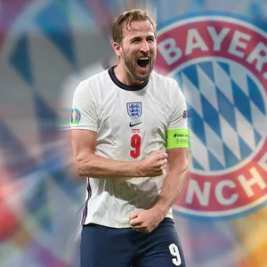 Harry Kane vor dem Logo des FC Bayern