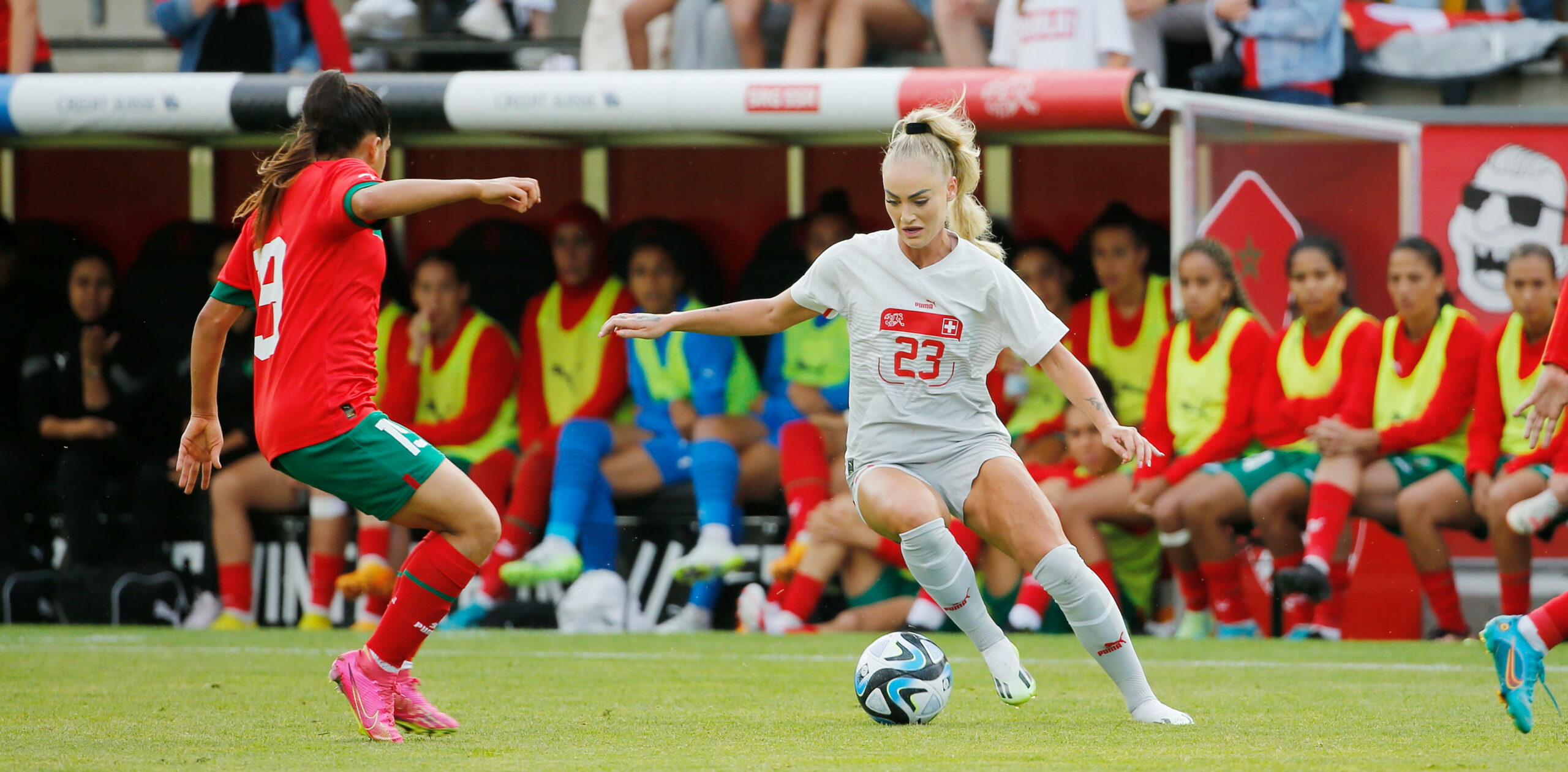 Alisha Lehmann im Trikot der Schweiz gegen Marokko bei der WM 2023