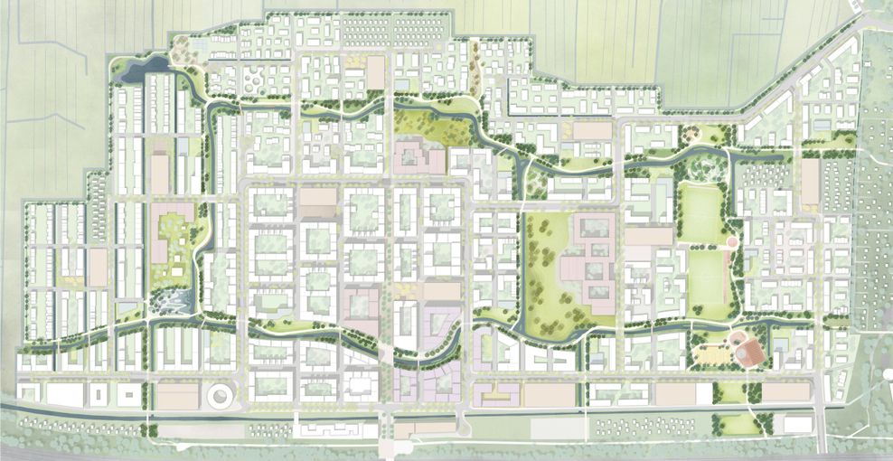 So soll sich der Grüne Loop um und durch den neuen Stadtteil schlängeln. Der Aktivitätspark ist die rechte Grünfläche.