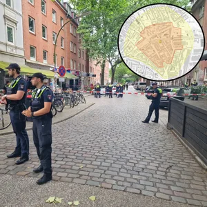 Polizisten haben den Fundort in der Sternschanze weiträumig abgesperrt. Der Sperrradius beträgt 300 Meter.