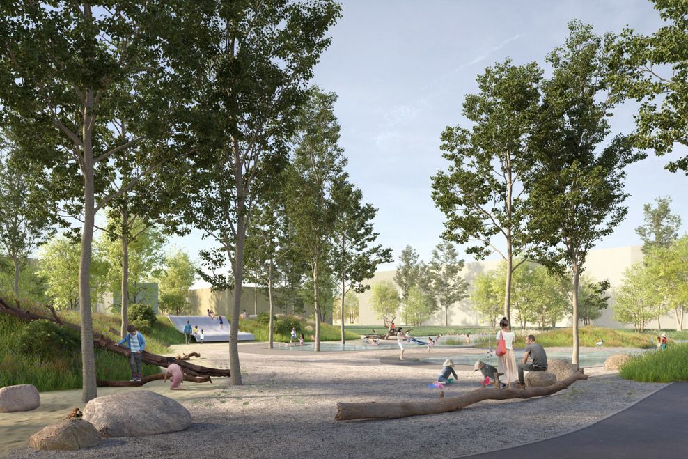 Visualisierung Auenspielplatz: In einem extra Flachwasser-Bereich sollen Kinder naturnah spielen können.