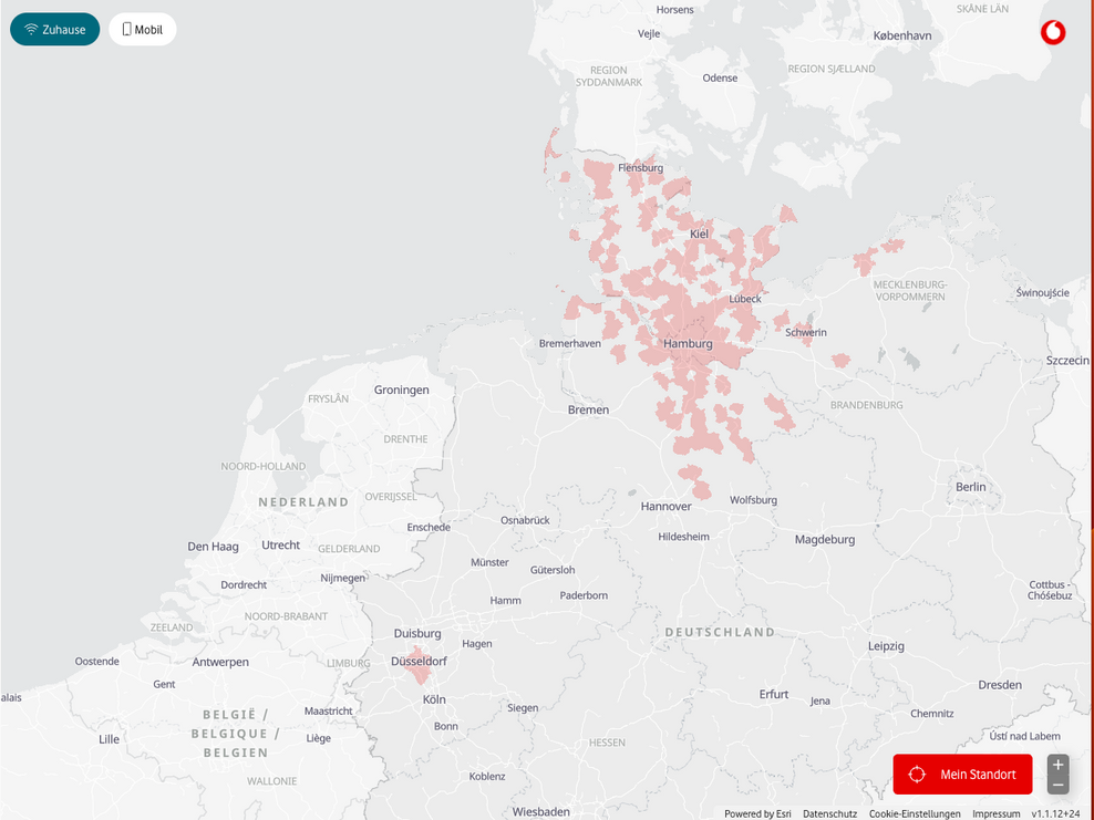 Ein Blick auf die Online-Störungskarte von Vodafone zeigt, dass ganz Hamburg und weite Teile Niedersachsens, Schleswig-Holsteins – bis nach Sylt – und Mecklenburg-Vorpommerns abgeschnitten sind.