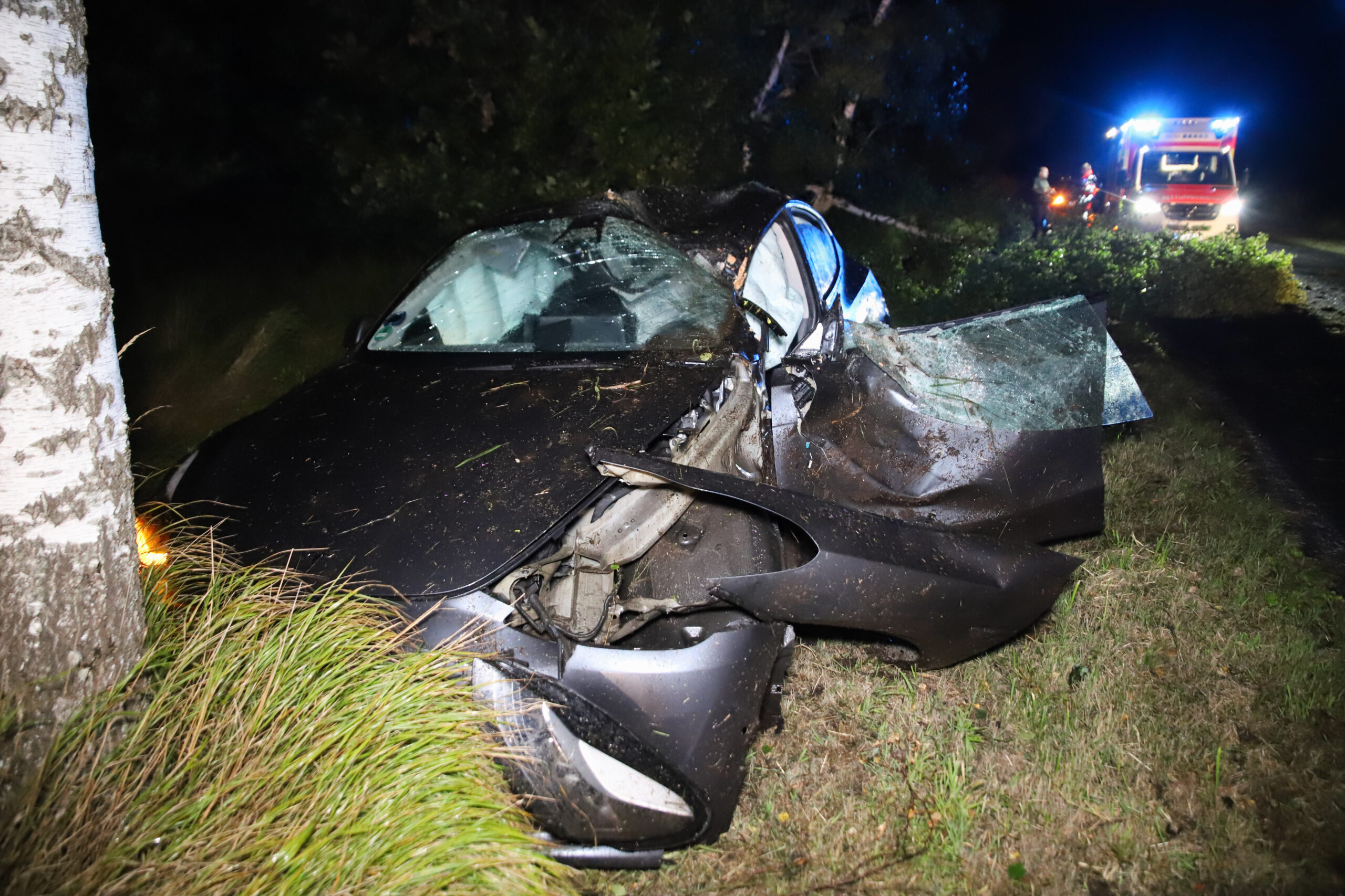 Tesla kracht bei Ecklak gegen Baum, der schwarze Wagen ist völlig zertrümmert