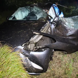 Tesla kracht bei Ecklak gegen Baum, der schwarze Wagen ist völlig zertrümmert