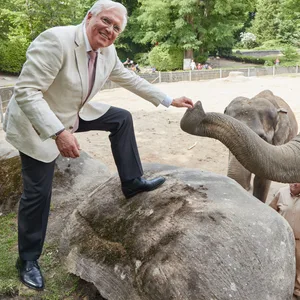 Dirk Albrecht, Hagenbeck-Geschäftsführer mit Elefanten