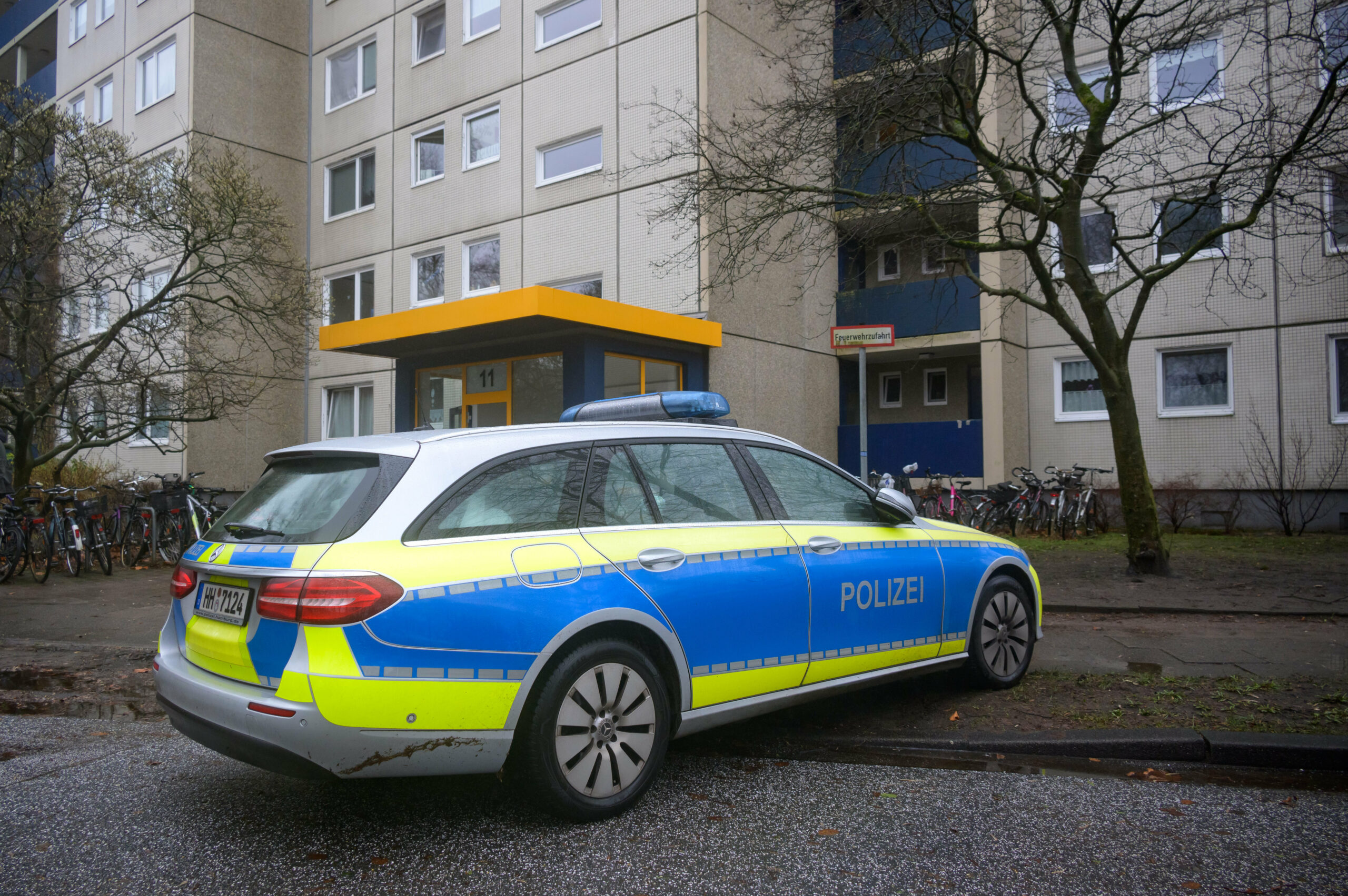 Ein Streifenwagen der Hamburger Polizei steht vor einem Wohnhaus. (Symbolbild)