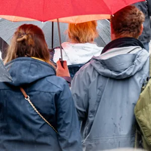 Besucher mit Schirmen und in Regenkleidung gehen auf dem Fischmarkt durch Nieselregen. (Archivbild)