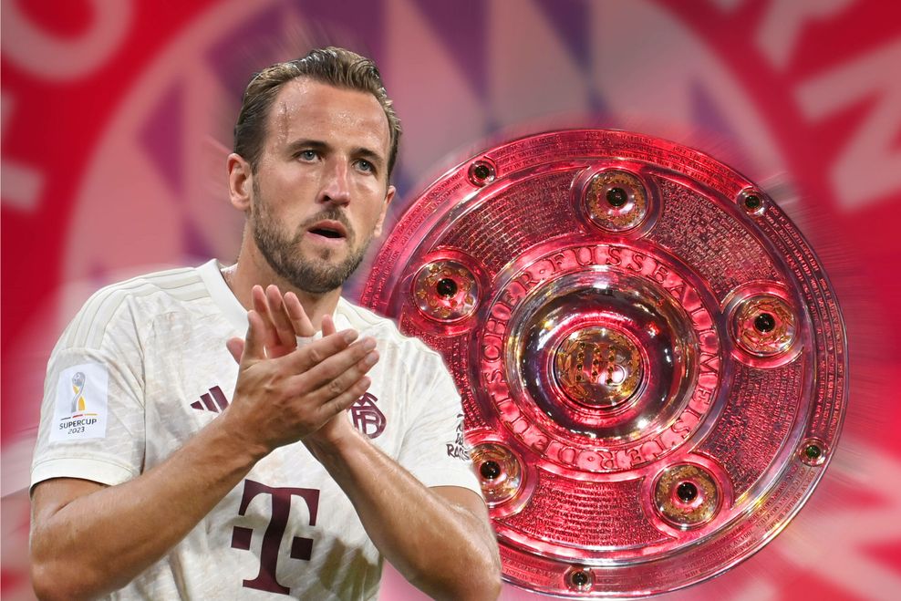 Harry Kane mit der Meisterschale des FC Bayern