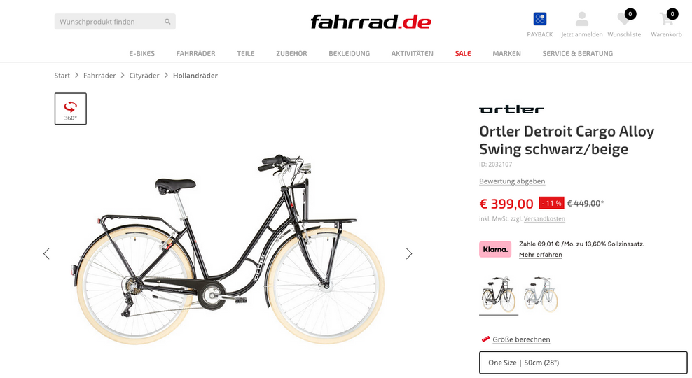 Screenshot eines Angebots einer Onlinehändler-Website