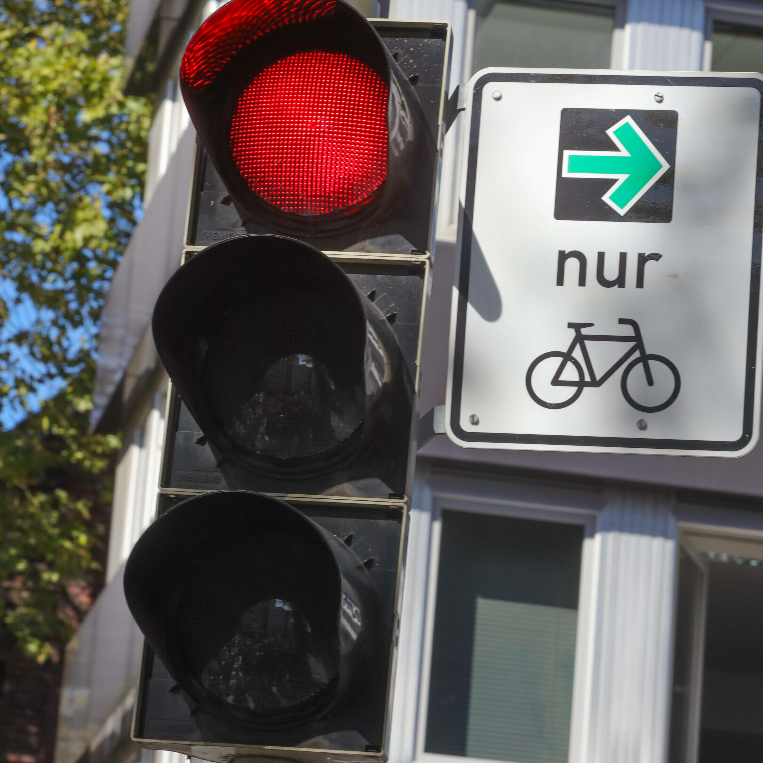 Ein Verkehrsschild "Grüner Pfeil für Radfahrer" neben einer roten Ampel
