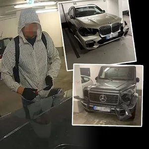 Kameraaufnahme aus einem geparkten Wagen: Ein Mann macht sich an einem Auto in der Tiefgarage zu schaffen.
