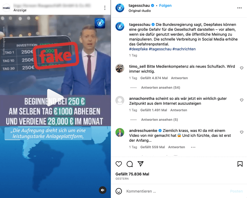 Die Tagesschau warnt auf ihrem Instagram-Kanal vor dem derzeit kursierenden Fake-Video.