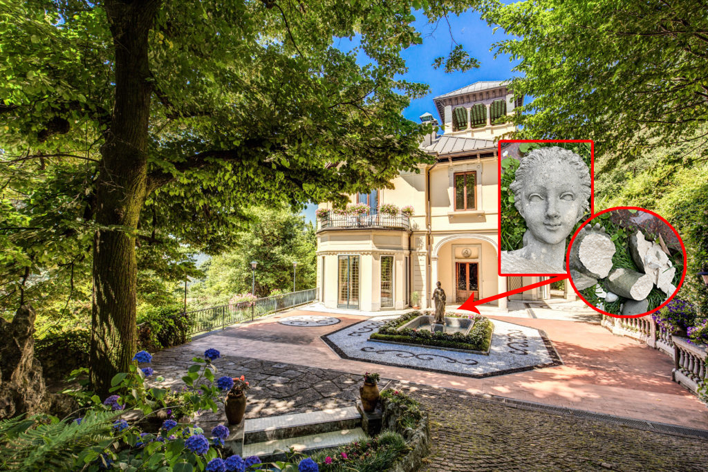 Collage der Villa Alceo mit Bildern der zerstörten Statue