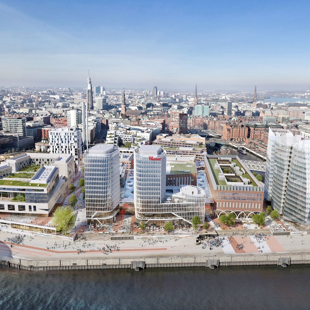Eine Visualisierung von der Hafencity, am Hafen steht das Übersseequartier mit gläsernen Hochhäusern und steinernen flacheren Gebäuden.