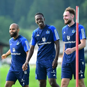 HSV-Profis lachen zusammen beim Training