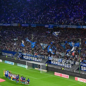 HSV Spieler jubeln mit ihren Fans nach dem Sieg gegen Hertha