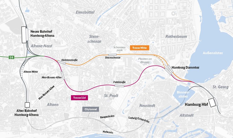 Der neue S-Bahn-Tunnel wird quer durch die City vom Hauptbahnhof zum neuen Fernbahnhof Diebsteich verlaufen. Hier die zwei möglichen Streckenführungen.