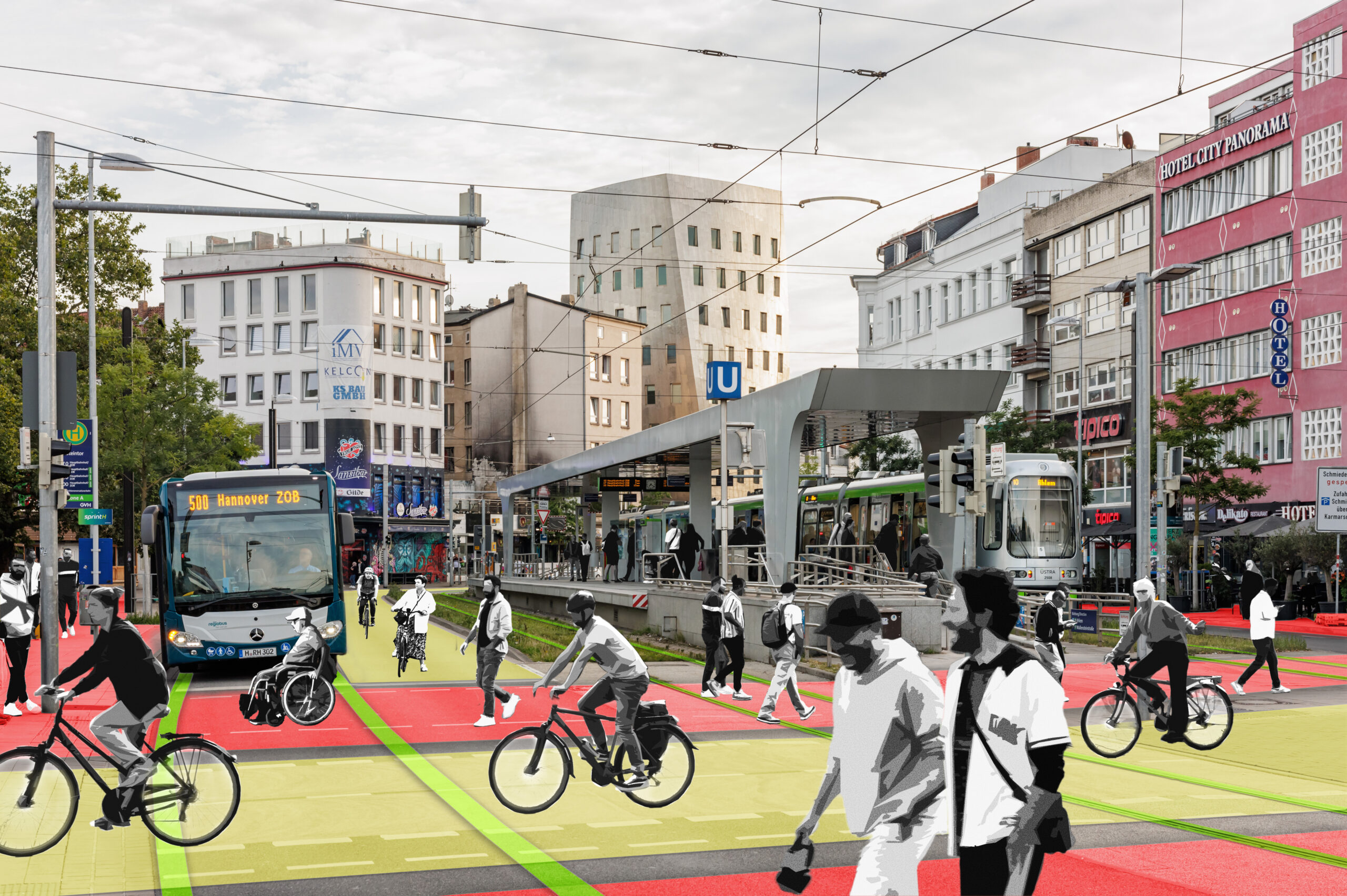 Diese Visualisierung zeigt eine mögliche zukünftige Verkehrslenkung auf dem Steintorplatz in Hannover.