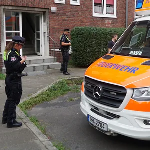 Rettungswagen vor dem Wohnhaus in Horn. Ein Kleinkind stürzte in den Hof
