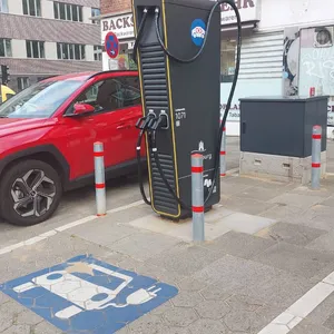 Die neue E-Ladesäule steht mitten auf dem Parkplatz, auf dem früher ein zweites E-Auto parken konnte.